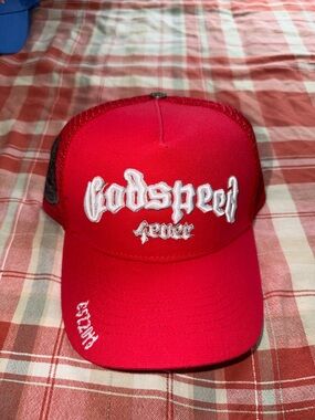Godspeed Red Trucker Hat with White Embroidery